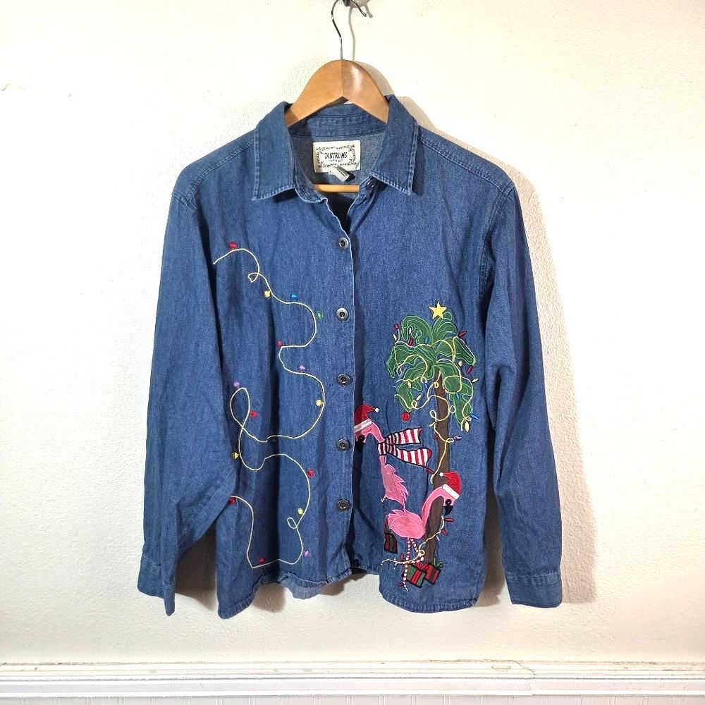 Vintage Tantrums Florida Flamingo Christmas Denim Button Up Shirt Women's XL